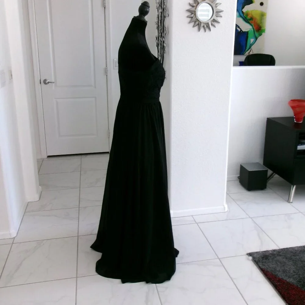 New Black One Shoulder Chiffon Gown Formal Dress M 6 S 4 Lace Top Formal - Picture 5 of 15